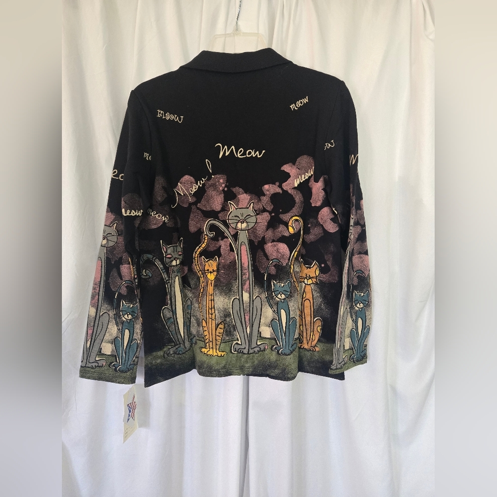 Jess & Jane- Cat Print Black Rhinstone Zip-Up Meow Jacket Size S - Picture 3 of 9